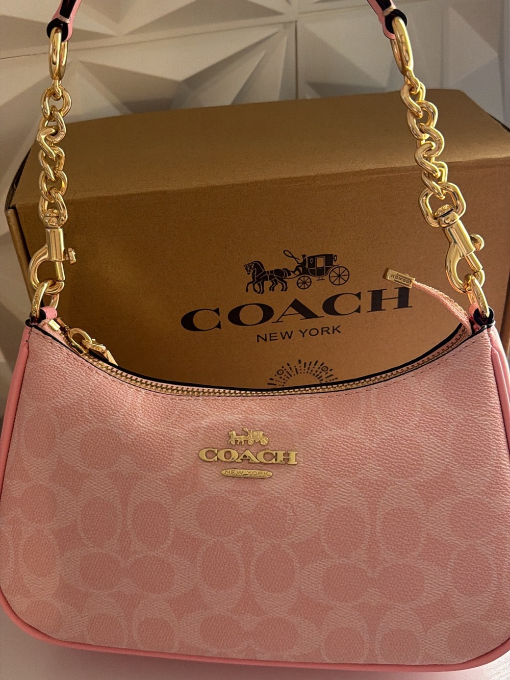 COACH Pink Signature Shoulder Bag with Gold Chain Strap